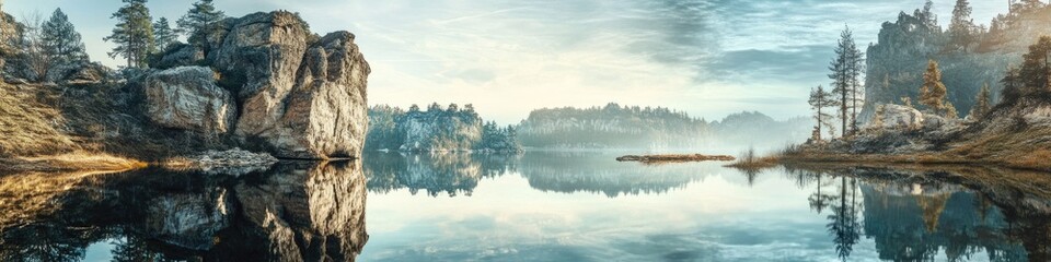 Fototapeta premium Majestic Dreamlike Scene: Enchanted Forest, Rocky Cliffs Reflecting in Serene Lake