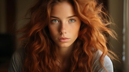 Fototapeta premium A woman with red hair and blue eyes is standing in front of a window