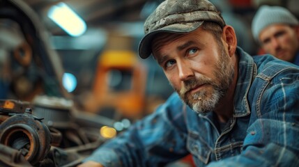 Fototapeta premium An unscrupulous mechanic showing false repairs to a customer, automotive deception concept