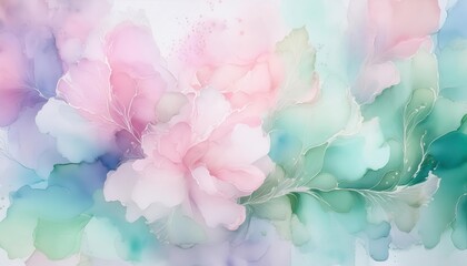 Obraz premium Dreamy Pastel Watercolor Background with Fluid Organic Shapes and Soft Feather Details, Perfect for Spa, Wellness, and Nature Inspired Designs or Spring Themed Web Banners and Print Materials