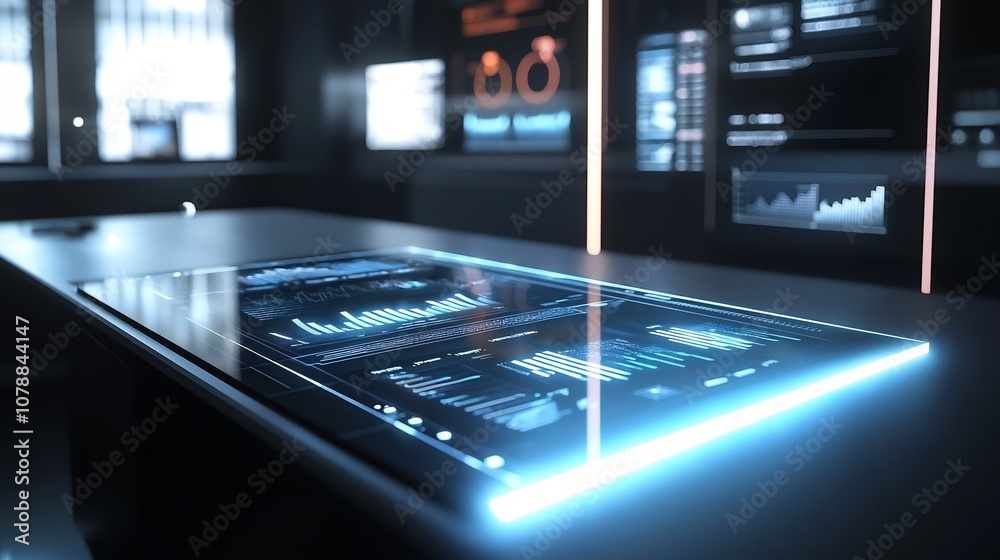 Poster sleek futuristic holographic interface with floating interactive visualizations on minimalist desk