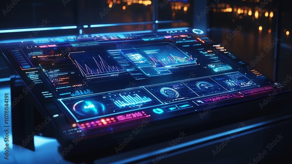 Poster sleek futuristic holographic interface with glowing translucent controls and interactive data visual