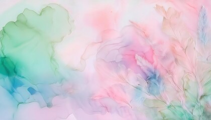 Dreamy Pastel Watercolor Background with Fluid Organic Shapes and Soft Feather Details, Perfect for Spa, Wellness, and Nature Inspired Designs or Spring Themed Web Banners and Print Materials