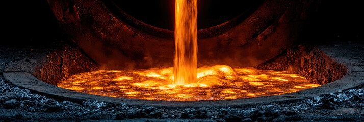 The intense heat of molten metal pours into a foundry mold, illustrating the complex and skilled process of metal casting in a manufacturing facility