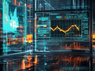 Futuristic Holographic Finance Interface Projecting Market and Budgeting Analytics in Professional Office Setting