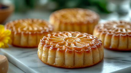 Traditional mooncakes, golden and intricately designed, are elegantly displayed on a marble surface for a festive celebration