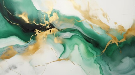 Abstract marbled painting with emerald green, golden, white and black elements. Perfect for elegant wallpapers and posters,
