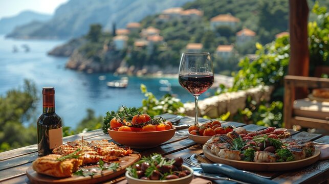 An outdoor dining scene featuring a Mediterranean diet meal, with grilled vegetables, seafood, and a glass of red wine. Background - a picturesque Mediterranean landscape. - Powered by Adobe