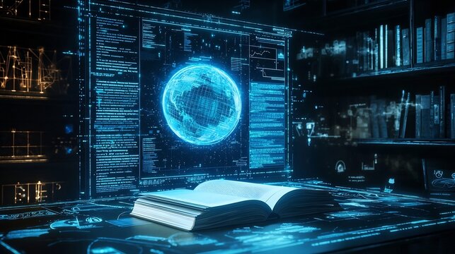 Futuristic Holographic Education Interface with Interactive Textbooks and Global Visualization - Powered by Adobe