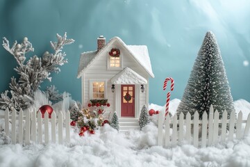Naklejka premium White Christmas backdrop with a picket fence, decorated house, candy cane-shaped light post, and a small Christmas tree, festive holiday scene.