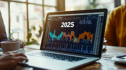 A person analyzes stock market trends on a laptop while enjoying a beverage in a cozy café during the afternoon