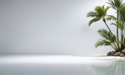 Obraz premium A lone palm tree stands tall against a white backdrop, its leaves reaching for the sky
