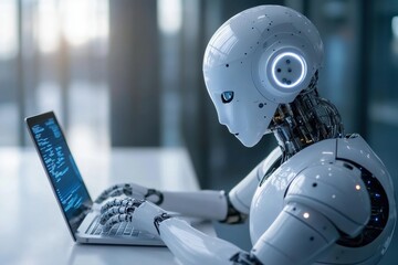 A high-tech robot with human-like features sits in a modern environment, typing on a laptop, symbolizing artificial intelligence and advanced technology.