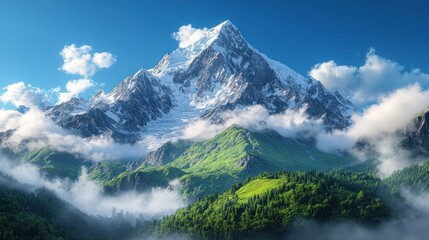 Majestic snow-capped mountain surrounded by lush green valleys.
