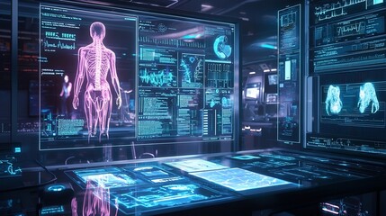 Futuristic Holographic Interface in Cutting Edge Healthcare Clinic Displaying Patient Data and Treatment Plans