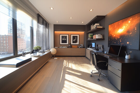 Modern home office with wooden elements and natural light featuring black desk and contemporary decor. 