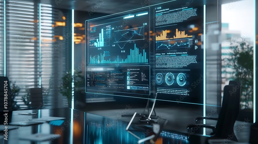 Poster holographic business presentation interface with interactive data analytics tools