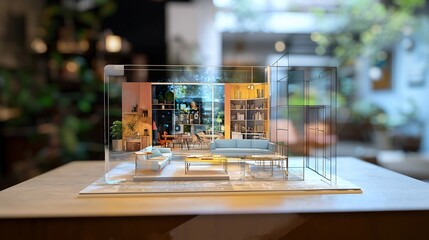 Holographic Home Renovation Interface Displaying 3D Models of Furniture Paint Colors and Layout Options for Customizable Living Spaces