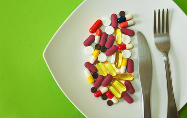 Medicine, drugs and diet for health in studio with dinner supplements, medical nutrition and...