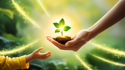 senior hands giving small plant to a child Ecology, environment protection for new generation concept, environment day or Earth Day banner, corporate social responsibility campaign