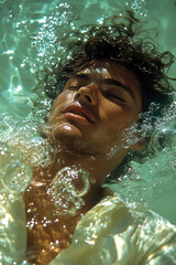 A young man enjoys a serene moment underwater, his curly hair floating as bubbles rise around him in a bright swimming pool