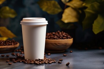 Coffee paper cup with coffee beans on the table