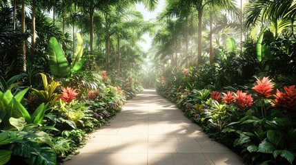 A pathway meanders through a lush tropical garden filled with colorful flowers, dense greenery, and bright sunlight creating a peaceful atmosphere