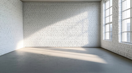 Obraz premium Spacious empty room with white brick walls and large windows allowing natural light to cast shadows on the floor