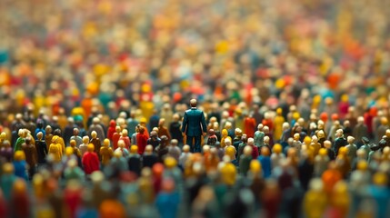 Obraz premium A sea of colorful miniature figures surrounds a single blue-clad figure standing out in the center, symbolizing individuality in a diverse crowd.