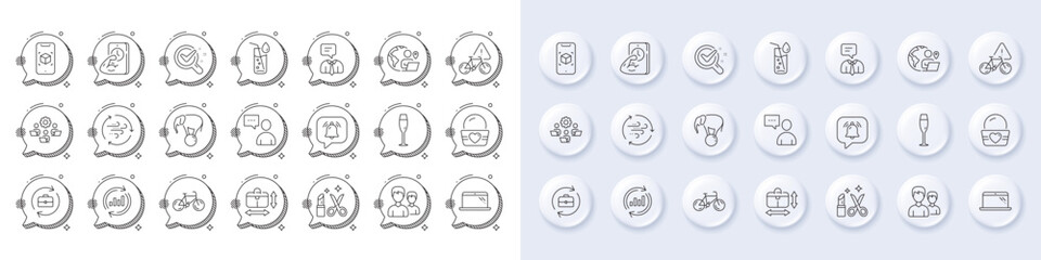 Fototapeta premium Water glass, Couple and Fitness line icons. White pin 3d buttons, chat bubbles icons. Pack of Beauty, Users chat, Notification bubble icon. Teamwork, Support service, Ice cream pictogram. Vector