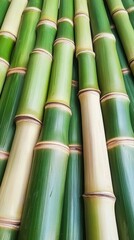 Obraz premium Close-up view of fresh green bamboo stalks showcasing their distinctive segmented structure and varying shades, perfect for natural decor and sustainable design.
