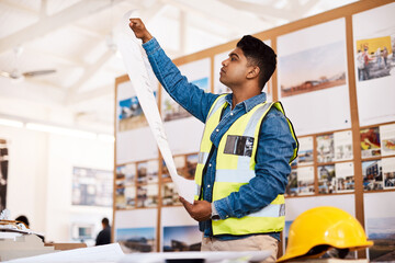 Architect, man and paper with floor plan in office for project development or review of property....