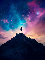 Fototapeta premium AI-Generated image of A man stands on a mountain peak, looking up at the stars. The sky is filled with a variety of colors, creating a sense of wonder and awe. The image evokes a feeling of solitude a