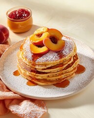 Delicious fluffy pancakes topped with fresh peaches and drizzled with maple syrup for a perfect breakfast treat