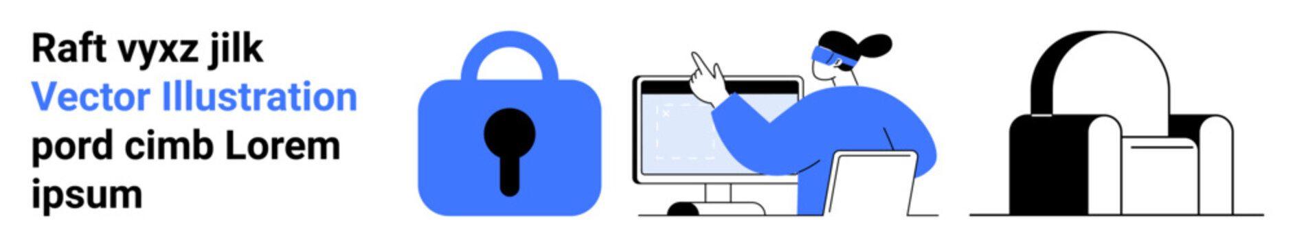 Person in front of a computer screen, blue padlock symbol, secure server icon highlighting cybersecurity themes. Ideal for tech presentations, online courses, educational materials, infographics