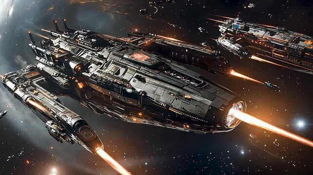 Interstellar Battlecruiser in Action A powerful spaceship unleashes a barrage of lasers and missiles in a fierce space battle, defending against enemy attacks amidst a backdrop of stars and nebulae