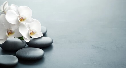 Tranquil Zen Oasis - Orchid Flower on Smooth Spa Stones in Serene Environment