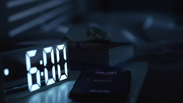 Digital alarm clock and smartphone waking up at 6 am, close-up. Mobile phone and alarm clock on nightstand