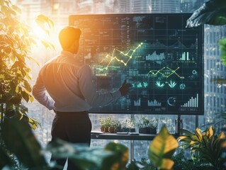 Fototapeta premium 2024 to 2025 business financial plan market concept, performance of profit growth on 2024, education trend up finance on growth graph money revenue, Businessman analyzes profitability of working.