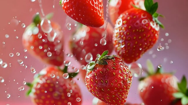 Strawberries are crushed into pieces, flying towards the camera in slow motion with water and juice droplets. The background is brightly colored for a realistic effect.