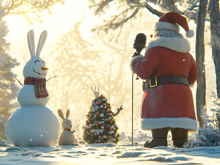 AI-Generated image of A snowman is standing next to a Christmas tree. A rabbit is standing in front of the snowman