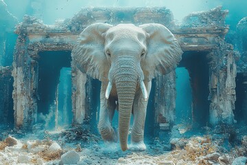 Elephant emerges from underwater ruins.