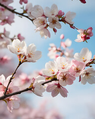 Obraz premium Delicate pink cherry blossoms bloom against a bright blue sky in springtime, showcasing nature's vibrant beauty and rebirth