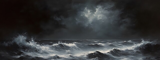 The dark, swirling sea of the night with large waves, in the style of an oil painting