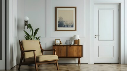 Fototapeta premium Vintage styled room with modernly minimalistic cinematic poster placed wooden frame generated illustration