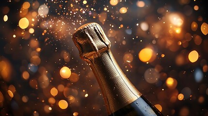 Champagne Bottle with Sparkling Gold Background - Photo