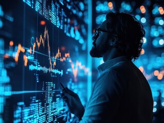 Obraz premium A businessman analyzing a digital stock market chart, blue and black background, investment concept. Generative AI