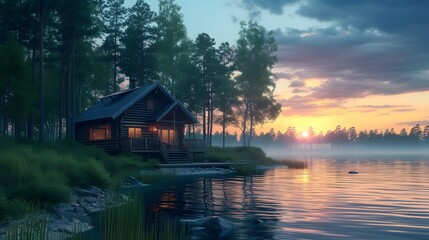 Fototapeta premium Visualize serene lakeside cabin dawn generated illustration