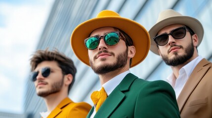 Three men wearing suits and hats stand together