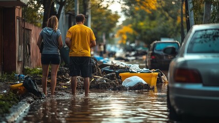 A group of volunteers stands on a flooded street, working together to clean up debris after a flood disaster